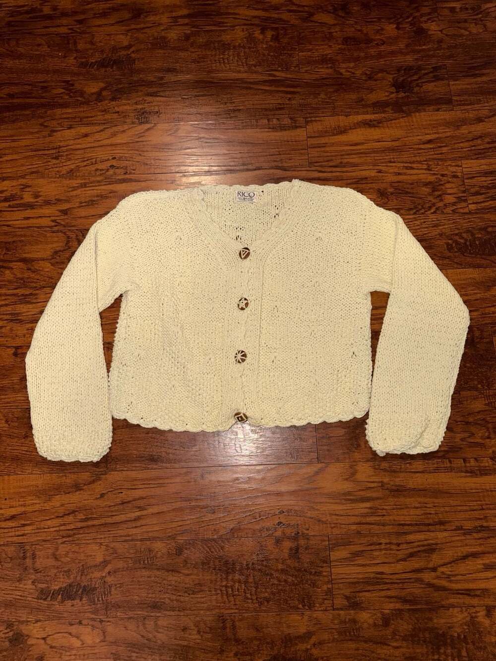 Rico Vintage Cotton Knit Cardigan Size L Beige Button Front Sweater